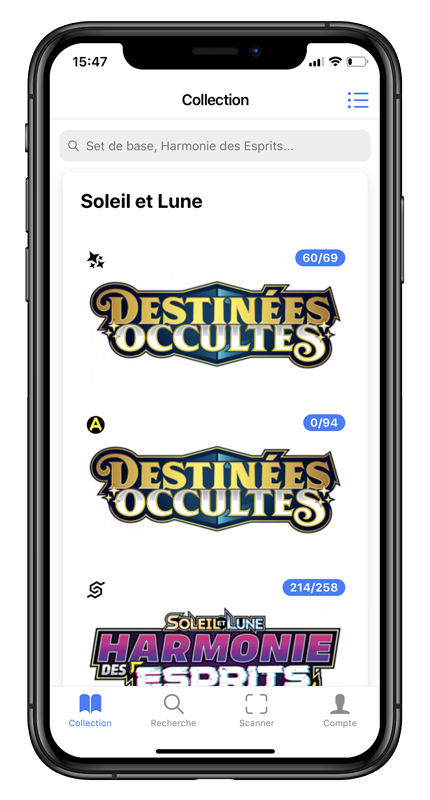 Liste des extensions de cartes Pokémon dans l'app PocketCollect